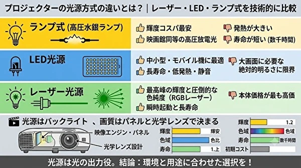 プロジェクターの光源方式の違いとは？｜レーザー・LED・ランプ式を